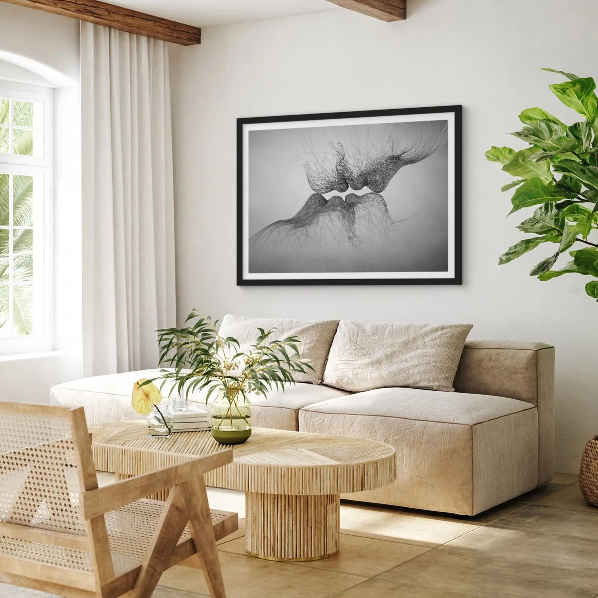 Plakat w czarnej ramie - Abstrakcyjny pocałunek przedstawiony w eterycznej formie - 70x50cm - Pocałunek wiatru - Nowoczesna dekoracja ścienna do salonu i sypialni ARTTOR