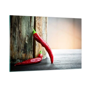 Obraz na szkle - Czerwone papryczki chili na drewnianym tle - 120x80cm - Red hot chili peppers - Nowoczesna dekoracja ścienna do salonu, kuchni i sypialni ARTTOR