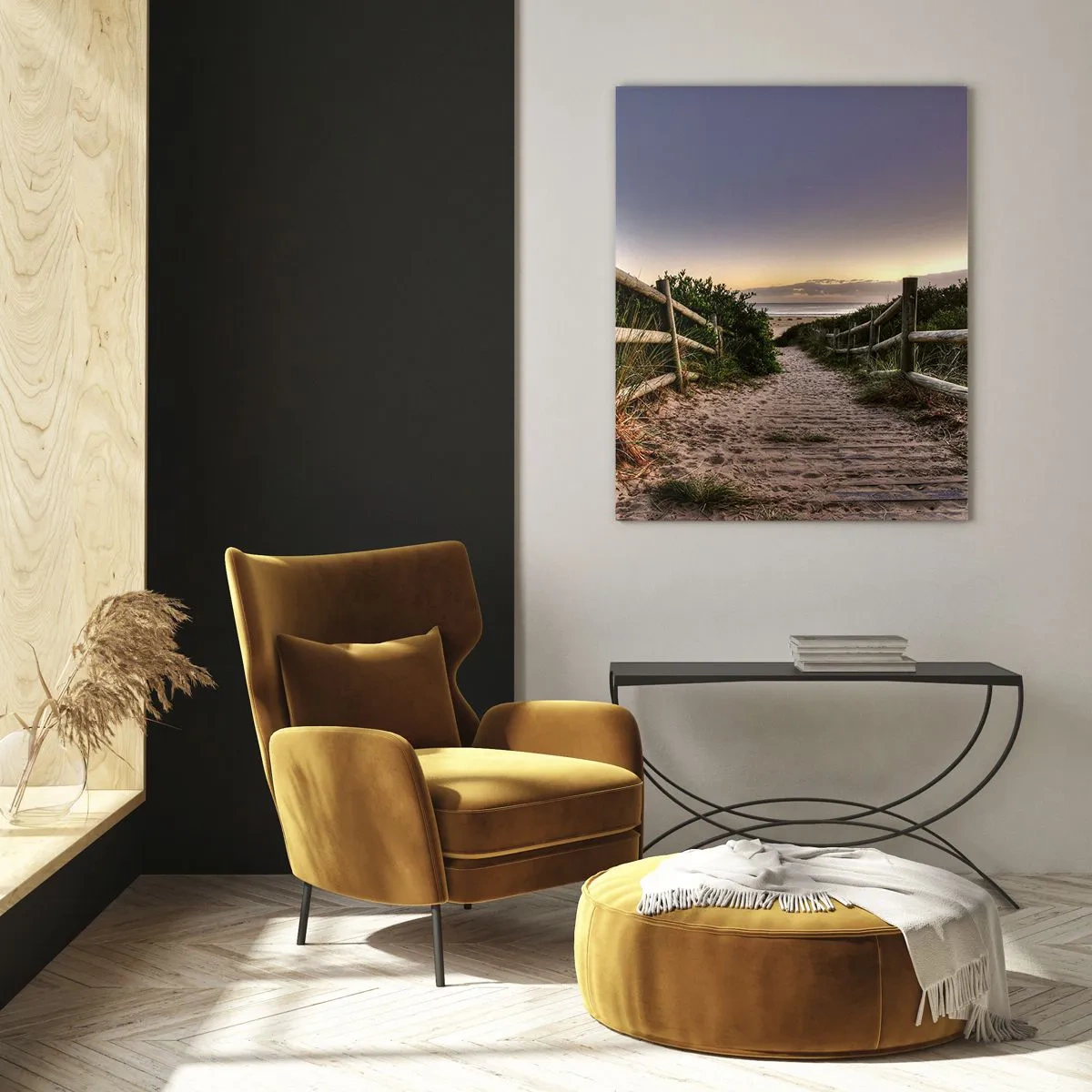 Obraz na szkle - Ścieżka na plażę o zachodzie słońca - 50x70cm - Już widać cel - Nowoczesna dekoracja ścienna do salonu, kuchni i sypialni ARTTOR