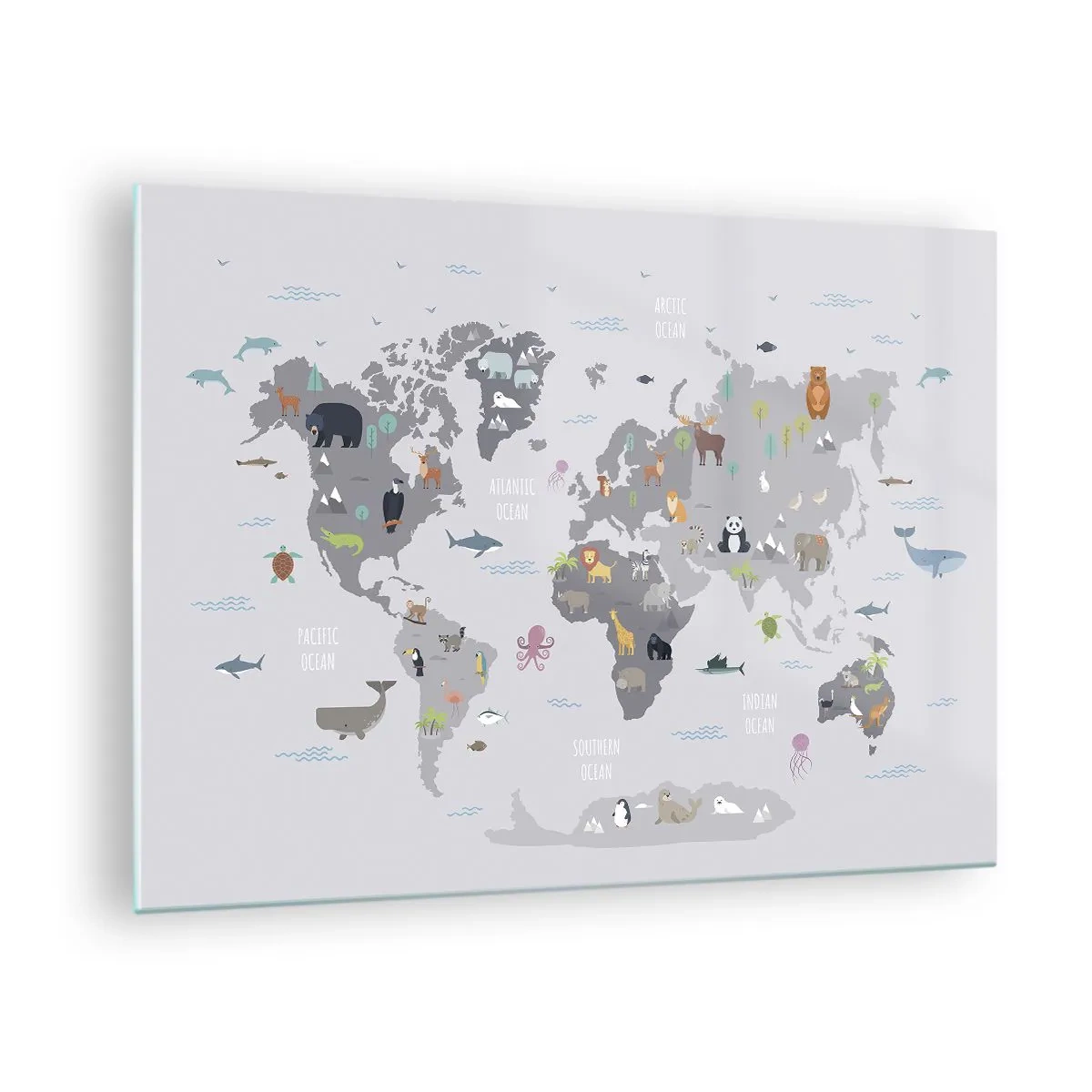 Obraz na szkle - Ilustrowana mapa świata z charakterystycznymi zwierzętami - 70x50cm - Powiedz mi, skąd jesteś… - Nowoczesna dekoracja ścienna do salonu i sypialni ARTTOR