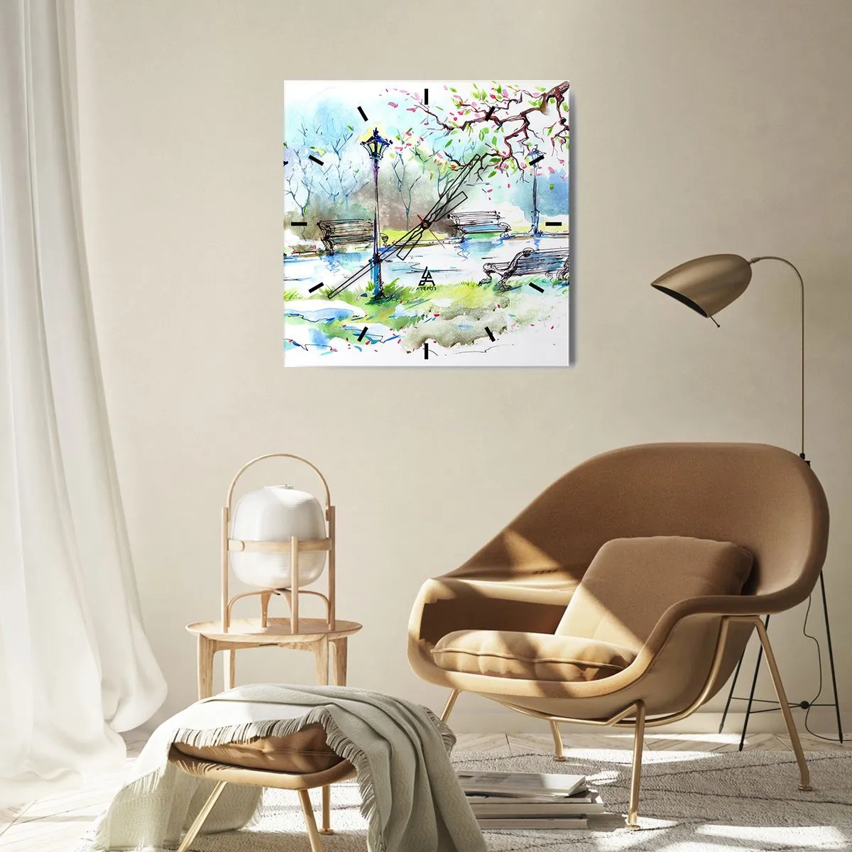 Zegar ścienny - Akwarelowa scena parku z ławkami i lampami - 30x30cm - Czar parkowej ciszy - Nowoczesna dekoracja ścienna do salonu i sypialni ARTTOR