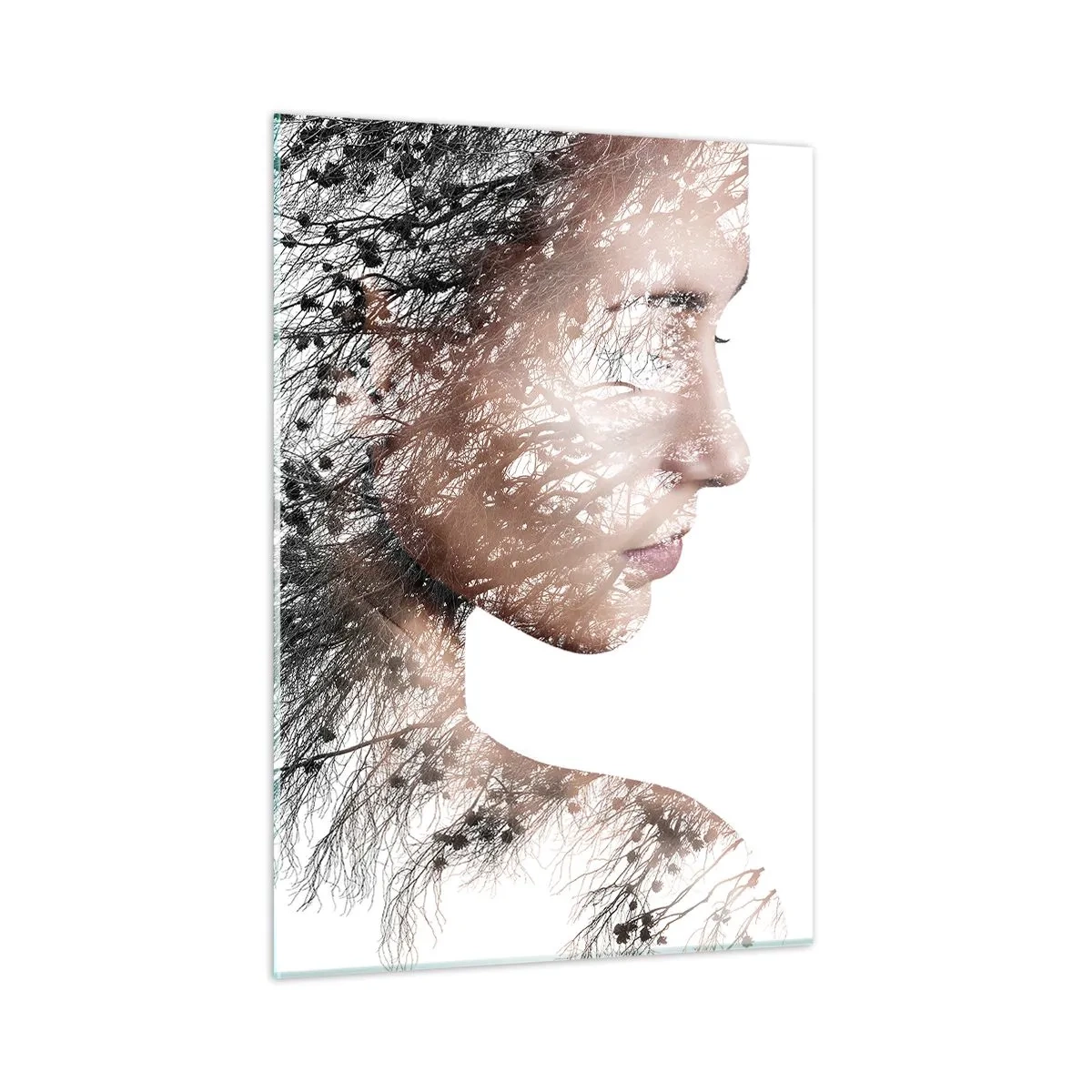 Obraz na szkle - Portret kobiety z gałęziami w tle - 50x70cm - Duch lasu - Nowoczesna dekoracja ścienna do salonu, kuchni i sypialni ARTTOR