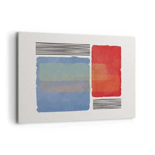 Obraz na płótnie - Geometryczna kompozycja z kolorowymi blokami i liniami - 120x80cm - Duch i litera geometrii - Nowoczesna dekoracja ścienna do salonu, kuchni i sypialni ARTTOR
