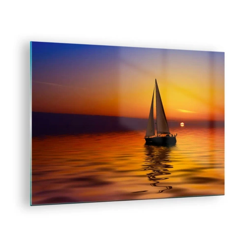 Obraz na szkle - Żaglówka na wodzie o zachodzie słońca - 70x50cm - Jak tu cicho o zmierzchu… - Nowoczesna dekoracja ścienna do salonu i sypialni ARTTOR