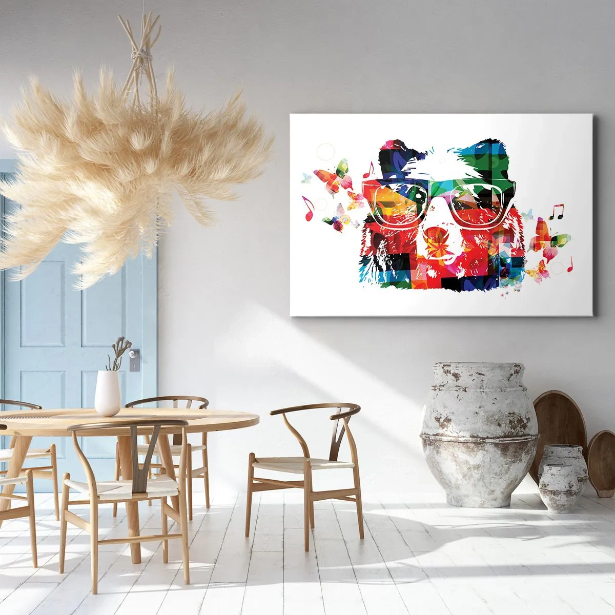 Obraz na płótnie - Kolorowy niedźwiedź w okularach z motylami i nutami - 70x50cm - Podoba misie! - Nowoczesna dekoracja ścienna do salonu i sypialni ARTTOR