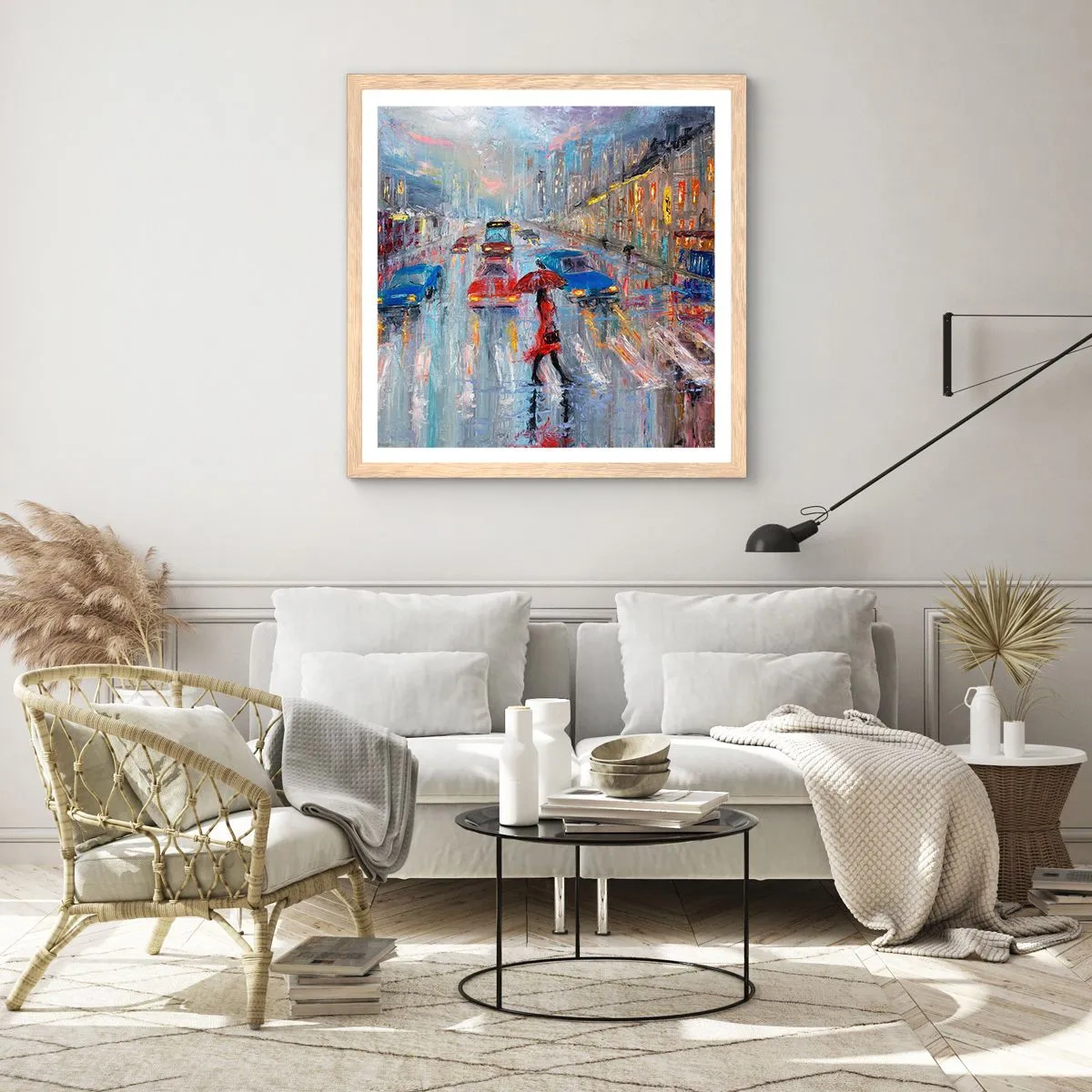 Plakat w ramie jasny dąb - Deszczowe popołudnie w mieście - 50x50 cm
