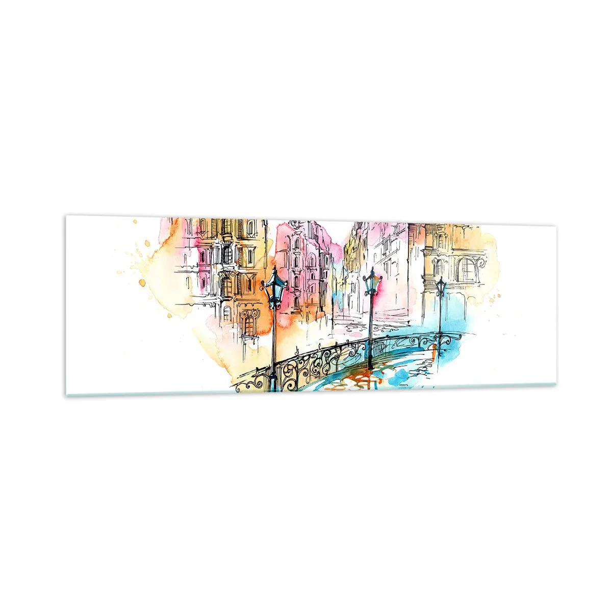 Obraz na szkle - Akwarela mostu i kamienic w sercowym kształcie - 160x50cm - Serce miasta - Nowoczesna dekoracja ścienna do salonu i sypialni ARTTOR