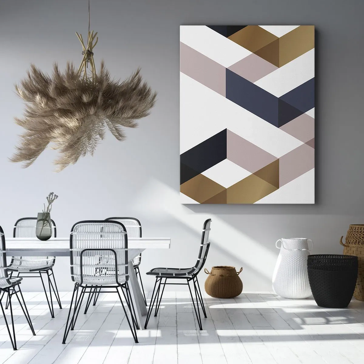 Obraz na płótnie - Geometryczne kształty w odcieniach złota, granatu i beżu na białym tle - 50x70cm - Płaszczyzny i kąty - Nowoczesna dekoracja ścienna do salonu, kuchni i sypialni ARTTOR