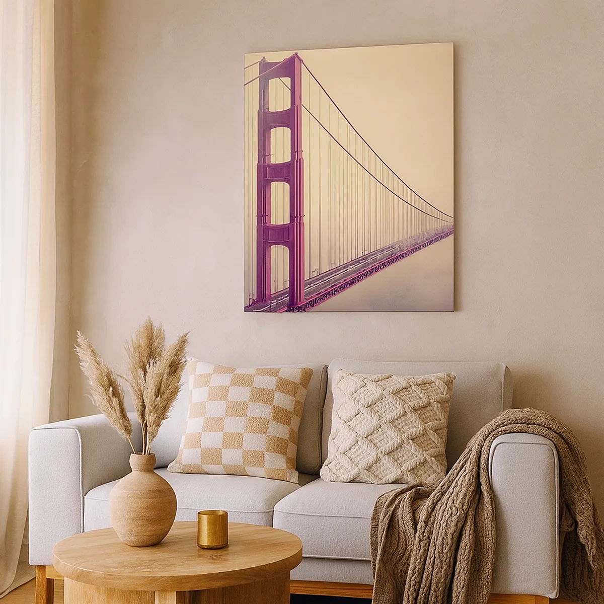 Obraz na płótnie - Golden Gate Bridge w delikatnej mgiełce o ciepłym odcieniu vintage - 50x70cm - Między niebem a ziemią - Nowoczesna dekoracja ścienna do salonu, kuchni i sypialni ARTTOR