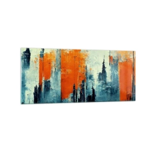 Obraz na szkle - Abstrakcyjny pejzaż miejski w odcieniach pomarańczu i błękitu - 120x50cm - Pejzaż nowoczesny - Nowoczesna dekoracja ścienna do salonu i sypialni ARTTOR