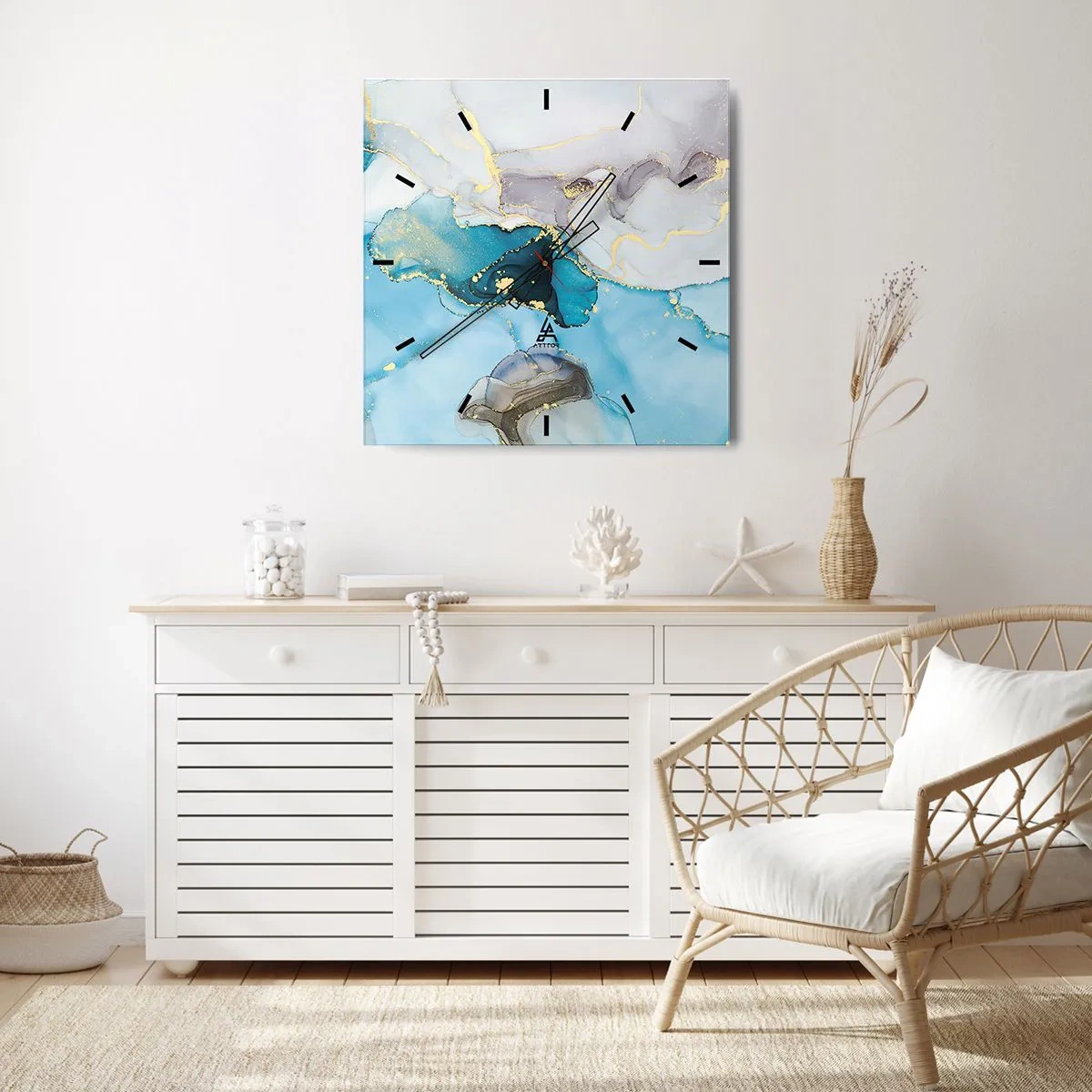 Zegar ścienny - Abstrakcja w odcieniach błękitu i złota z subtelnymi liniami - 30x30cm - Studium spotkania szarości z turkusem - Nowoczesna dekoracja ścienna do salonu i sypialni ARTTOR