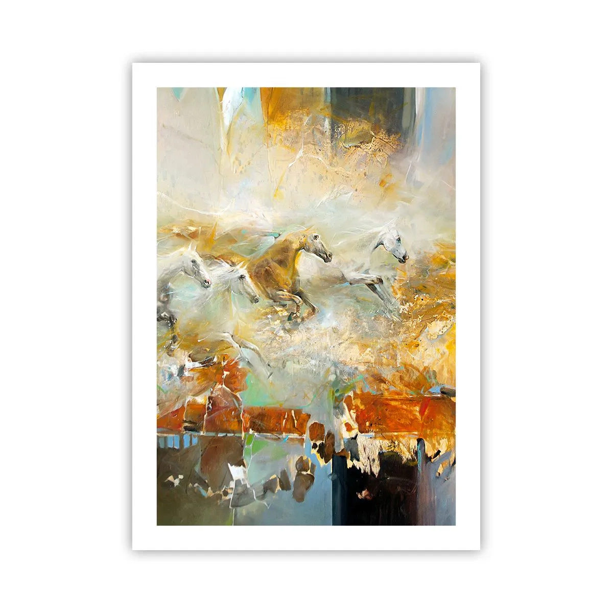 Plakat - Galopujące konie w abstrakcyjnej scenerii - 50x70cm - Galopem przez światło - Nowoczesna dekoracja ścienna do salonu, kuchni i sypialni ARTTOR