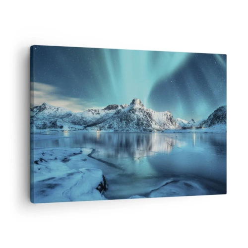 Obraz na płótnie - Zorza polarna nad ośnieżonymi górami i jeziorem - 70x50cm - Noc światła - Nowoczesna dekoracja ścienna do salonu i sypialni ARTTOR