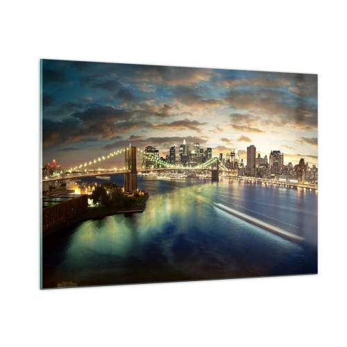 Obraz na szkle - Widok na most i miasto o zachodzie słońca - 100x70cm - Rozświetlony wieczór nad Manhatanem - Nowoczesna dekoracja ścienna do salonu, kuchni i sypialni ARTTOR