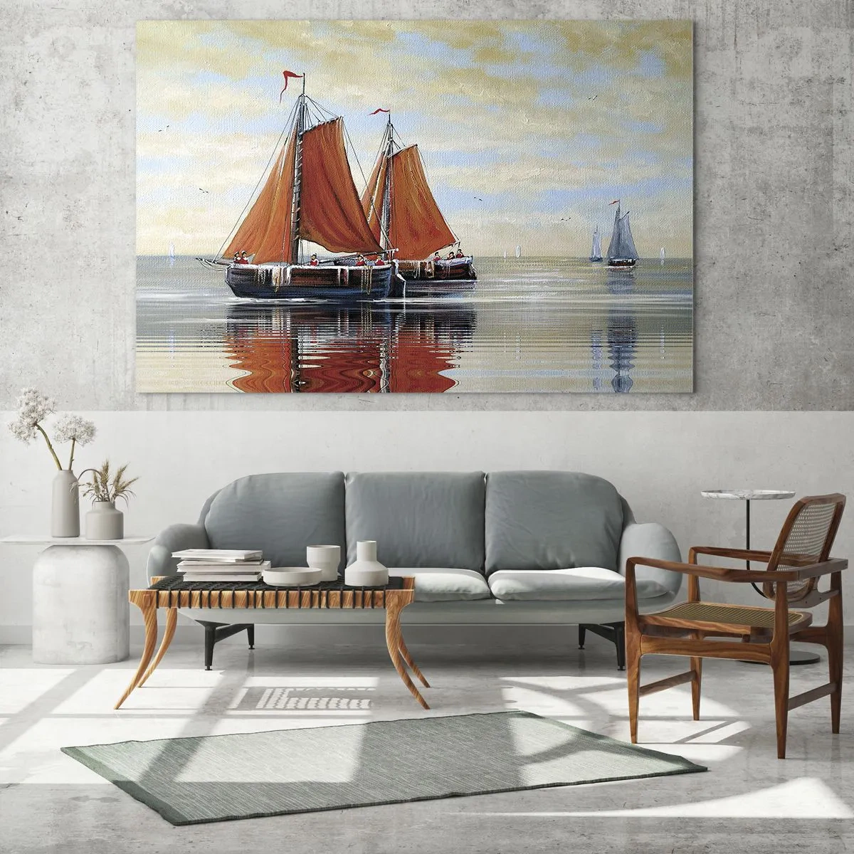 Obraz na szkle - Żaglowce na spokojnym morzu o zachodzie słońca - 70x50cm - Hej, żeglujże, żeglarzu… - Nowoczesna dekoracja ścienna do salonu i sypialni ARTTOR
