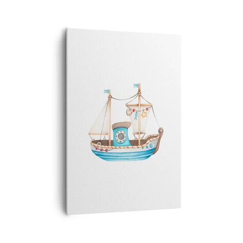 Obraz na płótnie - Ilustracja statku w pastelowych kolorach na białym tle - 70x100cm - Ahoj, przygodo! - Nowoczesna dekoracja ścienna do salonu i sypialni ARTTOR