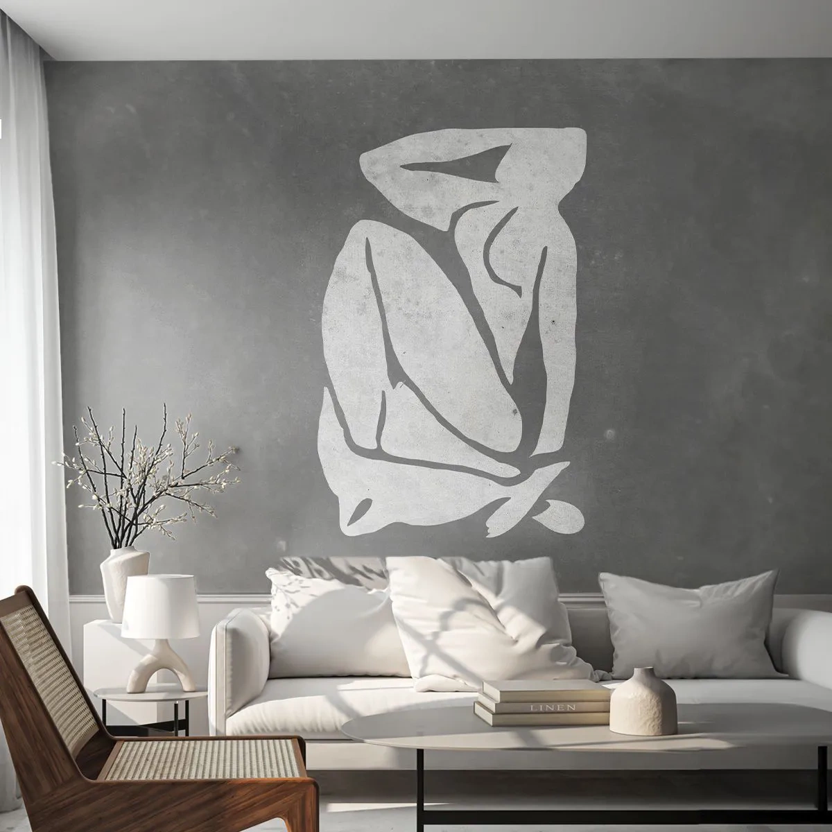 Fototapeta Premium Sand - Sylwetka kobiety w pozycji siedzącej na szarym tle - 100x70cm - W zamyśleniu - Nowoczesna dekoracja ścienna do salonu, kuchni i sypialni ARTTOR
