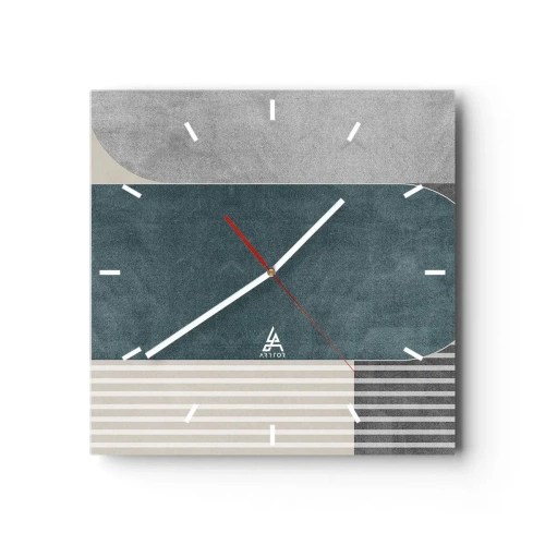 Zegar ścienny - Geometryczna abstrakcja w odcieniach szarości i zieleni - 30x30cm - Kompozycja na poziomie - Nowoczesna dekoracja ścienna do salonu i sypialni ARTTOR