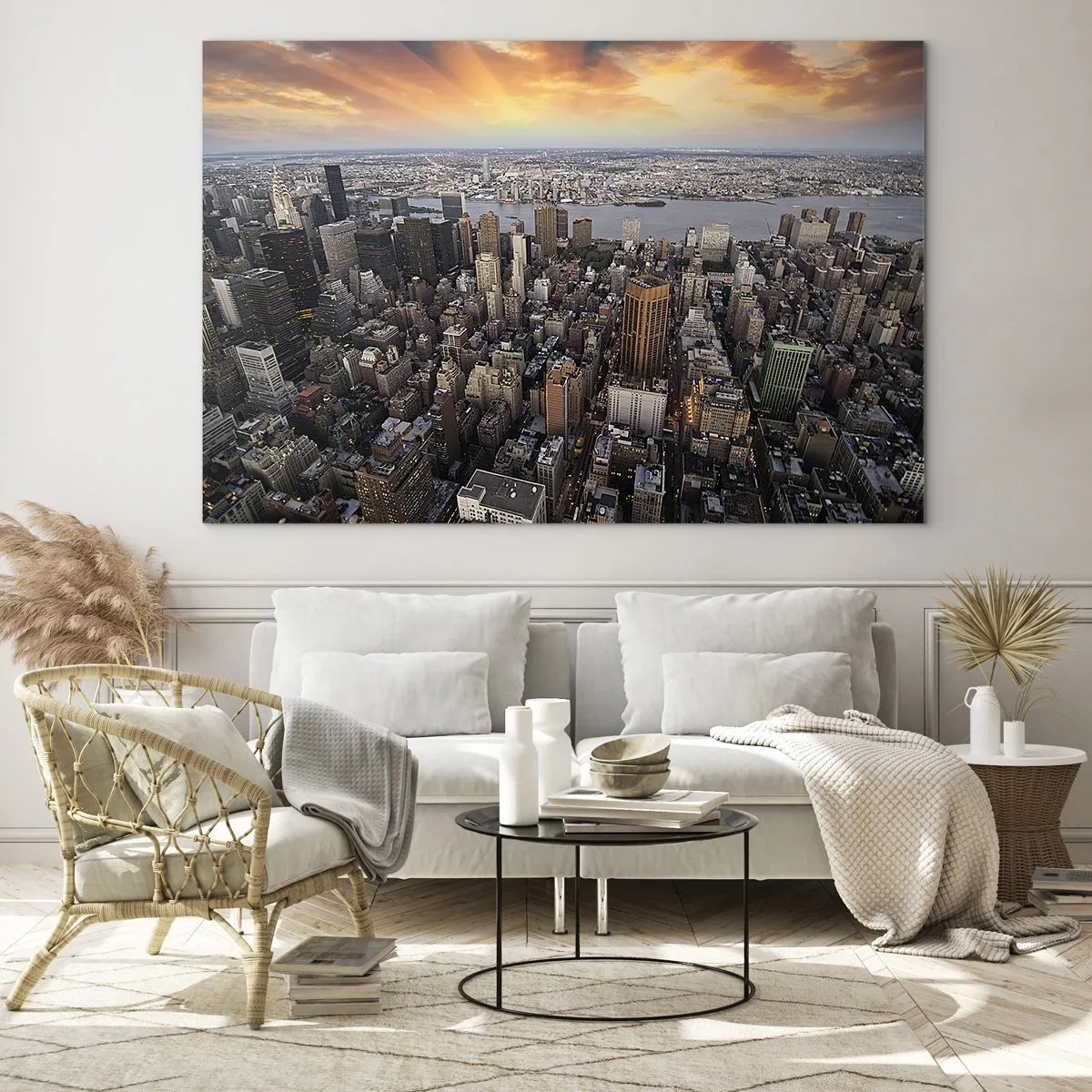 Obraz na szkle - Panorama miasta z widokiem na wieżowce o zachodzie słońca - 100x70cm - Bijące serce naszych czasów - Nowoczesna dekoracja ścienna do salonu, kuchni i sypialni ARTTOR