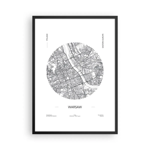 Plakat w czarnej ramie - Minimalistyczna mapa Warszawy w okręgu - 50x70cm - Anatomia Warszawy - Nowoczesna dekoracja ścienna do salonu i sypialni ARTTOR
