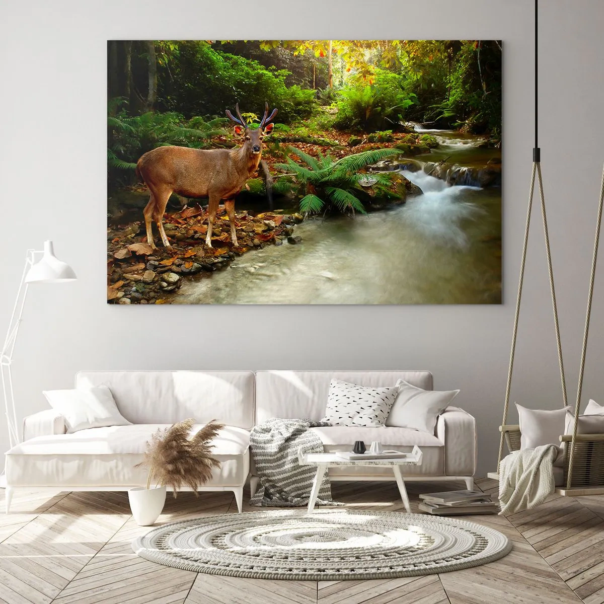 Obraz na szkle - Jeleń przy strumieniu w lesie oświetlonym słońcem - 70x50cm - Witam w moim świecie - Nowoczesna dekoracja ścienna do salonu i sypialni ARTTOR