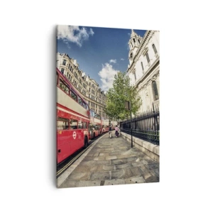 Obraz na płótnie - Czerwone autobusy w Londynie - 50x70cm - Londyńska ulica w szarości i czerwieni - Nowoczesna dekoracja ścienna do salonu, kuchni i sypialni ARTTOR