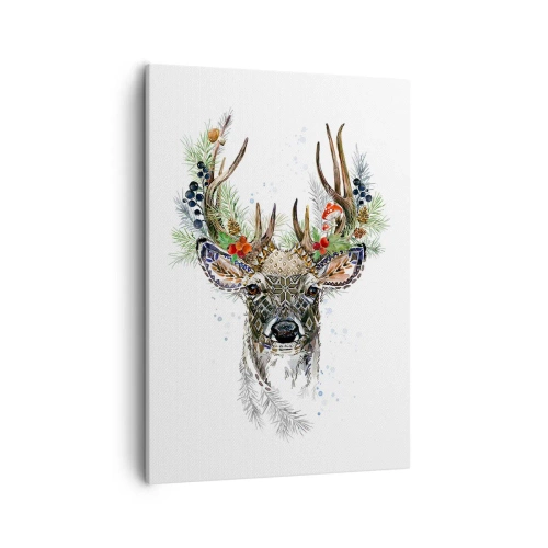 Obraz na płótnie - Stylizowana głowa jelenia z ozdobnymi rogami pełnymi świątecznych dekoracji - 50x70cm - W świątecznej szacie - Nowoczesna dekoracja ścienna do salonu, kuchni i sypialni ARTTOR