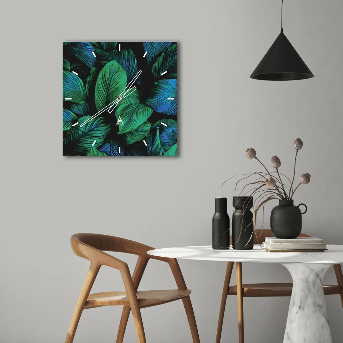 Zegar ścienny - Zielone liście w minimalistycznym stylu - 30x30cm - W zielonym tłumie - Nowoczesna dekoracja ścienna do salonu i sypialni ARTTOR