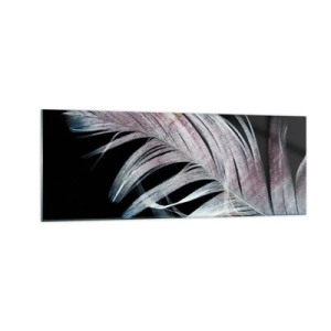 Obraz na szkle - Delikatne pióro na czarnym tle w artystycznym ujęciu - 140x50cm - Pomyśl o dotyku - Nowoczesna dekoracja ścienna do salonu i sypialni ARTTOR