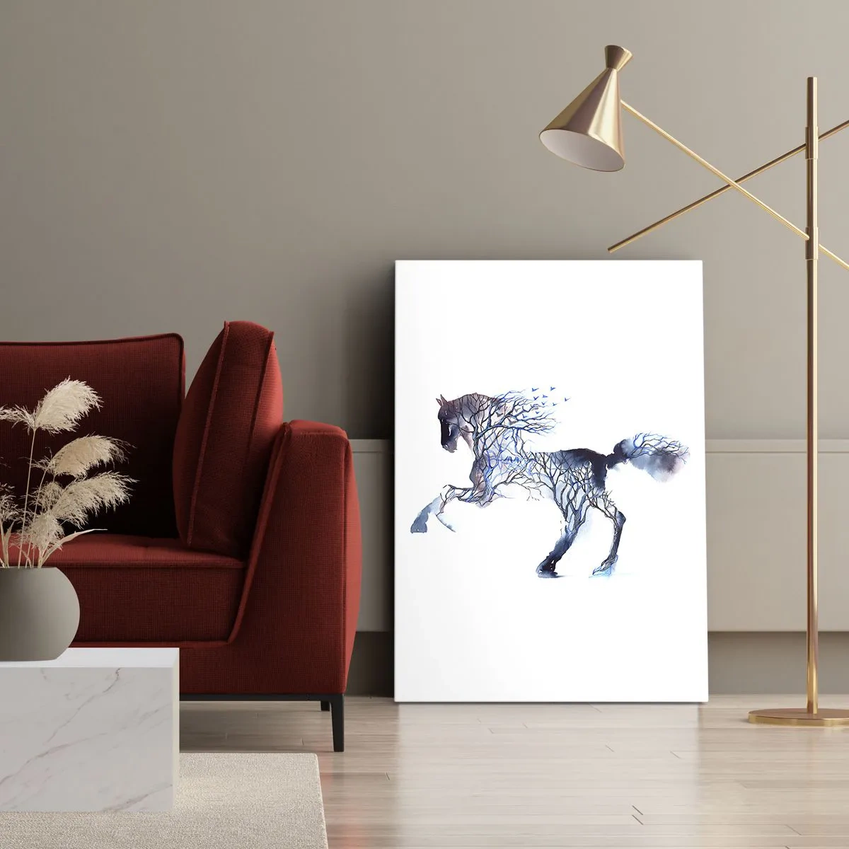Obraz na płótnie - Artystyczna grafika konia z motywem drzew i ptaków - 80x120cm - I jakby las ruszył - Nowoczesna dekoracja ścienna do salonu i sypialni ARTTOR