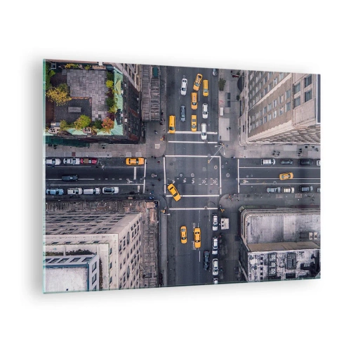 Obraz na szkle - Widok z lotu ptaka na ruchliwe skrzyżowanie w mieście - 70x50cm - Prosty wybór - Nowoczesna dekoracja ścienna do salonu i sypialni ARTTOR