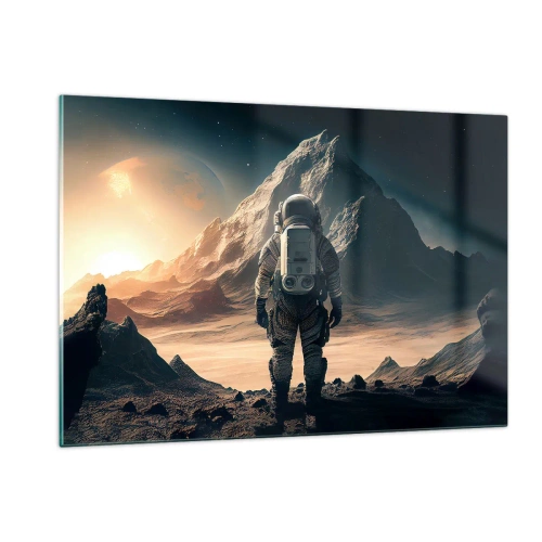 Obraz na szkle - Astronauta na obcej planecie z górzystym pejzażem - 120x80cm - Nowe wyzwanie - Nowoczesna dekoracja ścienna do salonu, kuchni i sypialni ARTTOR
