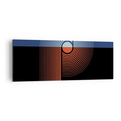 Obraz na płótnie - Geometryczna abstrakcja z liniami w kolorach granatu i pomarańczu - 140x50cm - W geometrycznym uścisku - Nowoczesna dekoracja ścienna do salonu i sypialni ARTTOR