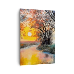 Obraz na płótnie - Zachód słońca nad rzeką w jesiennym krajobrazie - 70x100cm - Jesienne klimaty - Nowoczesna dekoracja ścienna do salonu i sypialni ARTTOR