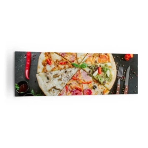Obraz na płótnie - Pizza w różnych smakach na tle z dodatkami - 160x50cm - Wachlarz smaków - Nowoczesna dekoracja ścienna do salonu i sypialni ARTTOR