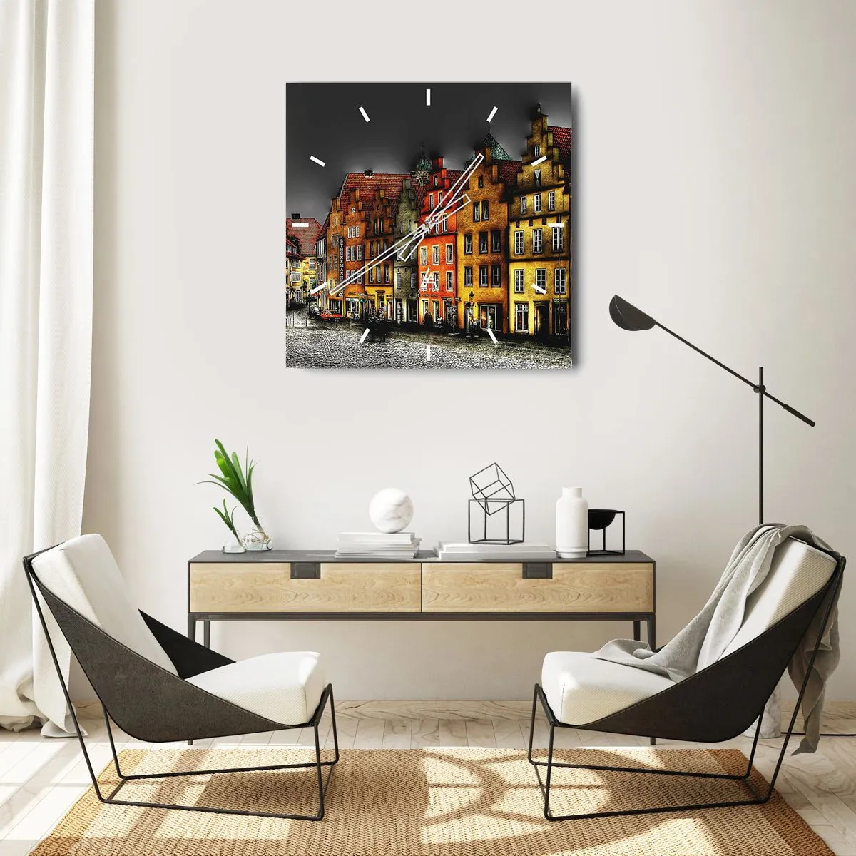 Zegar ścienny - Kolorowe kamienice przy brukowanej ulicy w zabytkowym mieście - 30x30cm - Brakuje tylko zaczarowanej dorożki - Nowoczesna dekoracja ścienna do salonu i sypialni ARTTOR