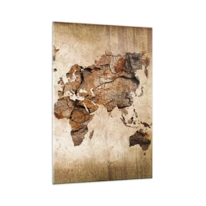 Obraz na szkle - Mapa świata w drewnianym, rustykalnym stylu - 80x120cm - Odkrycie świata - Nowoczesna dekoracja ścienna do salonu i sypialni ARTTOR