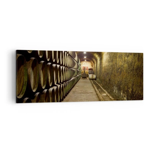 Obraz na płótnie - Piwnica z drewnianymi beczkami na wino ułożonymi w rzędach - 140x50cm - Dobrze jest poleżeć sobie - Nowoczesna dekoracja ścienna do salonu i sypialni ARTTOR