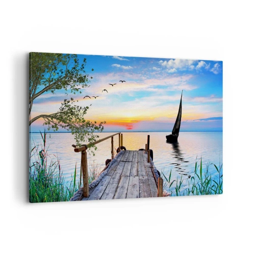 Obraz na płótnie - Molo nad jeziorem z łodzią i zachodem słońca - 120x80cm - Dobry wieczór - Nowoczesna dekoracja ścienna do salonu, kuchni i sypialni ARTTOR