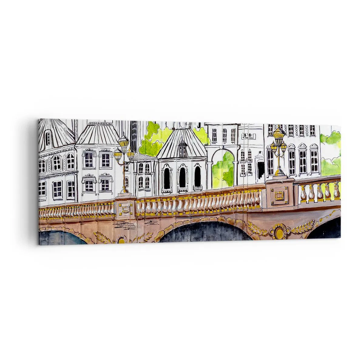 Obraz na płótnie - Rysunek mostu i zabytkowej architektury miejskiej - 140x50cm - Miasto jak malowane - Nowoczesna dekoracja ścienna do salonu i sypialni ARTTOR