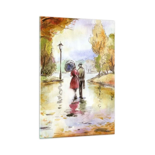 Obraz na szkle - Spacer w jesiennym parku z parasolem - 80x120cm - Romantyczna jesień w parku - Nowoczesna dekoracja ścienna do salonu i sypialni ARTTOR