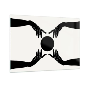 Obraz na szkle - Czarne dłonie wokół czarnego koła na jasnym tle - 100x70cm - Tajemny znak - Nowoczesna dekoracja ścienna do salonu, kuchni i sypialni ARTTOR