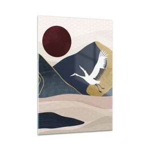 Obraz na szkle - Dwa żurawie lecące nad falistym krajobrazem z czerwonym słońcem - 50x70cm - I znowu ZLECIAŁ dzień - Nowoczesna dekoracja ścienna do salonu, kuchni i sypialni ARTTOR