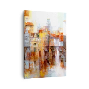 Obraz na płótnie - Malownicza panorama miasta z mostem w jesiennych barwach - 70x100cm - Pod mostem też pięknie - Nowoczesna dekoracja ścienna do salonu i sypialni ARTTOR