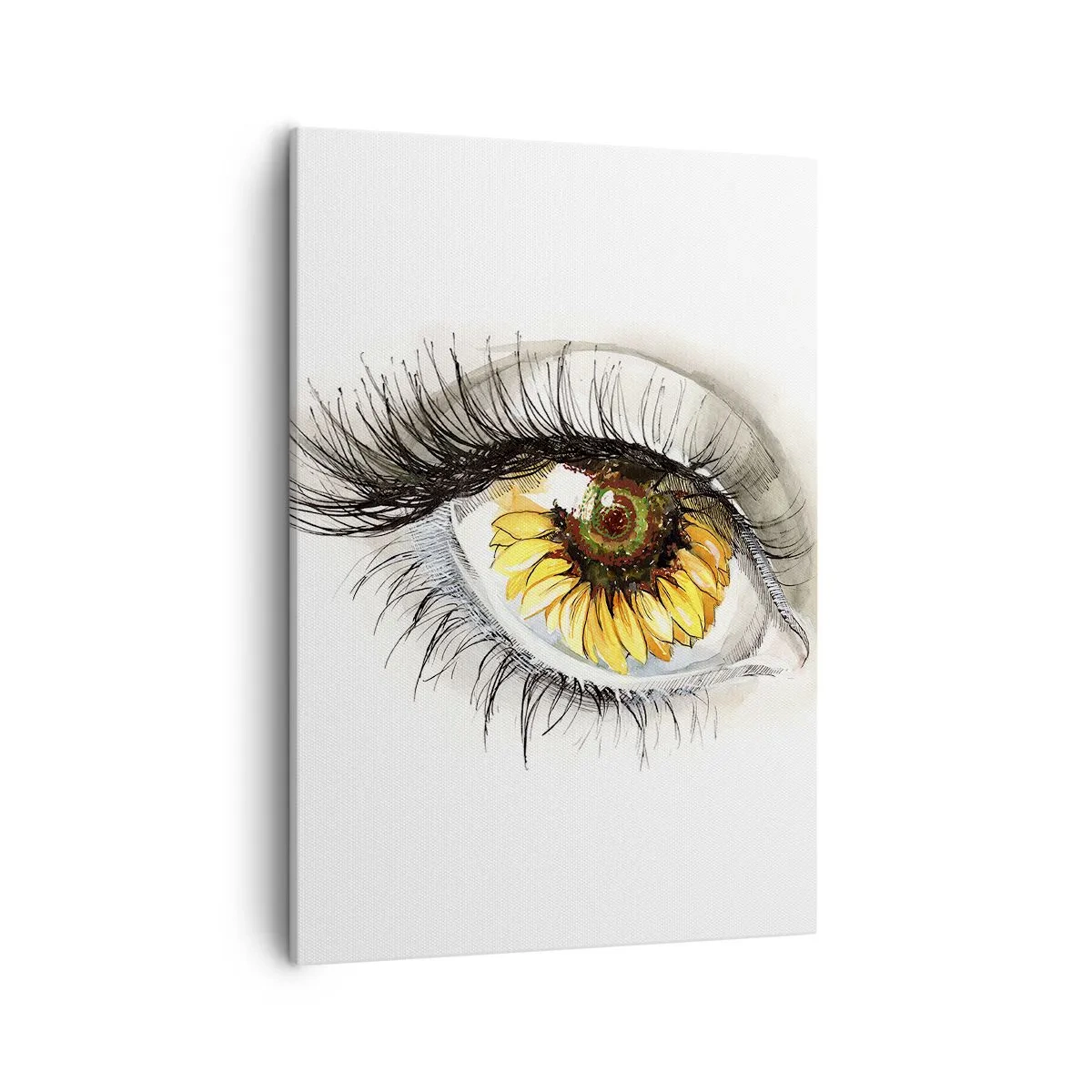Obraz na płótnie - Oczy z kwiatem słonecznika w oku, z wyrazistymi rzęsami - 50x70cm - Spojrzenie gorące jak lato - Nowoczesna dekoracja ścienna do salonu, kuchni i sypialni ARTTOR