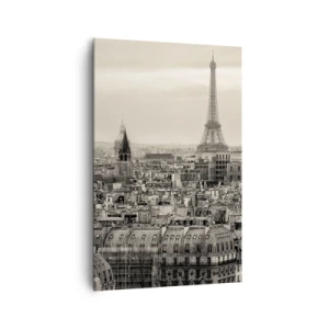 Obraz na płótnie - Panorama Paryża z wieżą Eiffla w odcieniach sepii - 80x120cm - Nad dachami Paryża - Nowoczesna dekoracja ścienna do salonu i sypialni ARTTOR