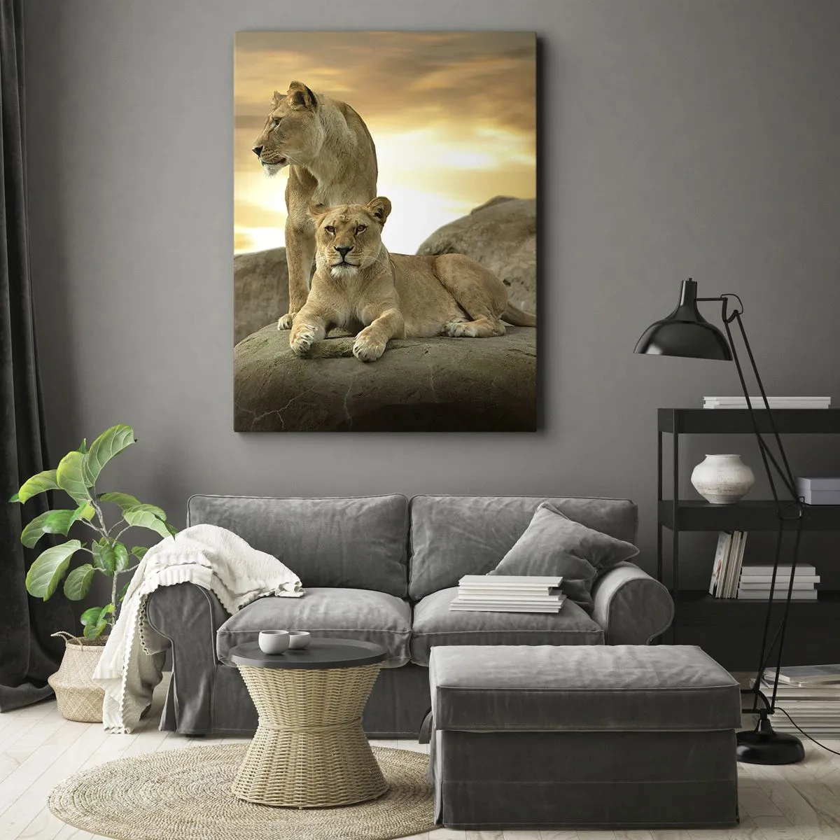 Obraz na płótnie - Dwie lwice odpoczywające na skałach o zachodzie słońca - 50x70cm - Królewski majestat - Nowoczesna dekoracja ścienna do salonu, kuchni i sypialni ARTTOR