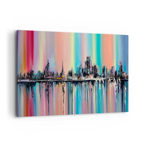 Obraz na płótnie - Kolorowy pejzaż miasta z odbiciem na wodzie - 100x70cm - Spłynąć światłem nocy - Nowoczesna dekoracja ścienna do salonu, kuchni i sypialni ARTTOR