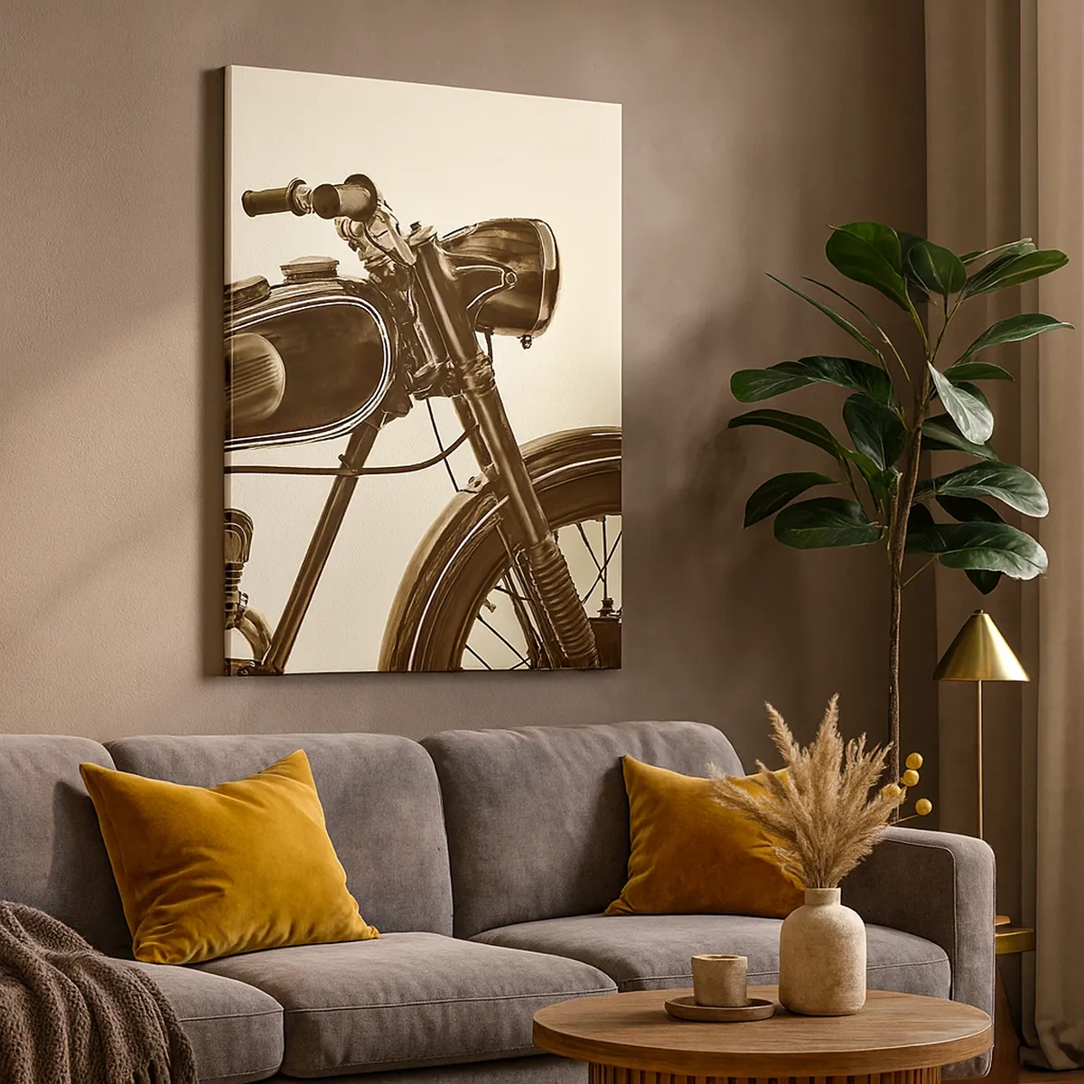 Obraz na płótnie - Retro motocykl w odcieniach sepii z eleganckimi detalami - 50x70cm - Tęsknota za klasyką - Nowoczesna dekoracja ścienna do salonu, kuchni i sypialni ARTTOR