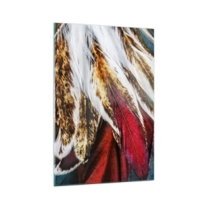 Obraz na szkle - Zbliżenie na wielokolorowe pióra w żywych, intensywnych barwach - 70x100cm - Tajemnice lotu - Nowoczesna dekoracja ścienna do salonu i sypialni ARTTOR